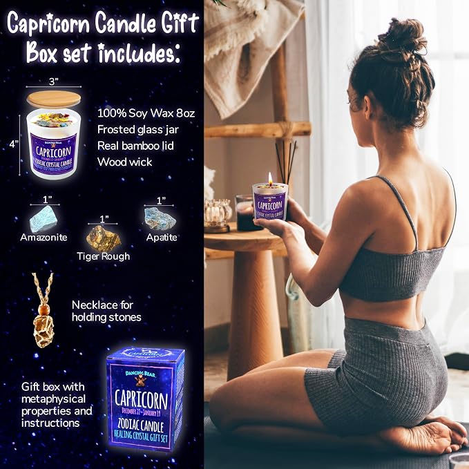 DANCING BEAR Capricorn Zodiac Candle Gift Box Set with 3 Healing Crystals & Stone Holder Necklace, 100% Soy Scented Wax, Crackling Wood Wick, 45 Hour Burn Time
