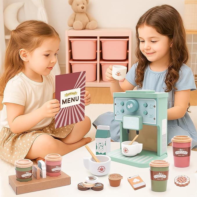Kids Coffee Playset Toy Coffee Maker Set for Toddler Wooden Kitchen Accessories Pretend Play for Girls Boys Ages Birthday Gifts