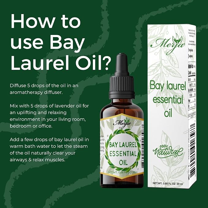 Merja Bay Laurel Essential Oil, Natural, 0.68 fl oz, for Face Hair Body and Aromatherapy, Pack of 2