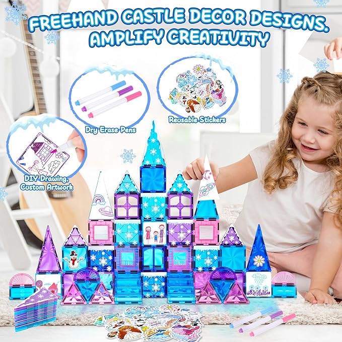 145pcs Diamond Magnetic Tiles Set with Magnetic Doodle Kit, 3D Blocks Magnet Toys for Girls 3 4-7,8-12, Educational Stem Toys Include Stairs Dolls Decals Stickers,3 4 5 6 7 8+ Girls Gift