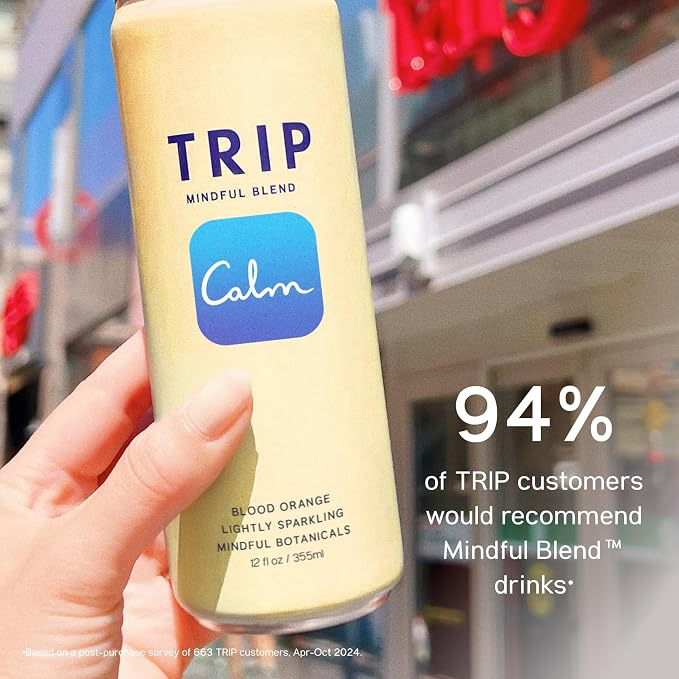 TRIP Lightly Sparkling Adaptogen Drink, Non Alcoholic Drink with Magnesium, Ashwagandha, Lions Mane & L Theanine, No Added Sugar Mocktail, Vegan, Blood Orange, 12 Oz, 12Pk