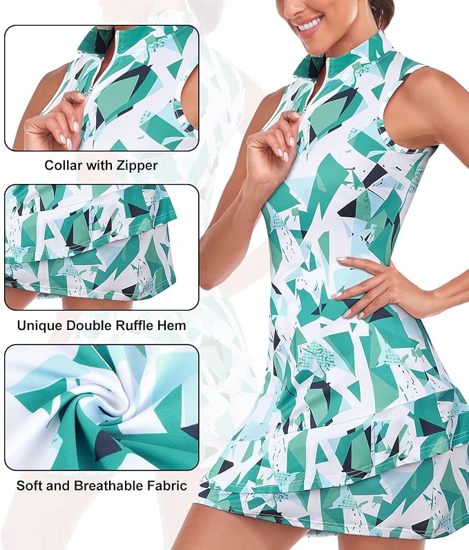 Viracy Tennis Dress for Women Sleeveless Golf Dresses with Shorts and Pockets Ruffle Zip Up Stand Collar Golf Outfits