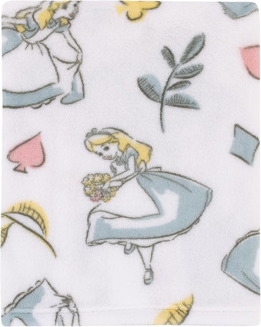 Disney Alice in Wonderland Light Blue, Pink, Yellow, and White Super Soft Plush Baby Blanket