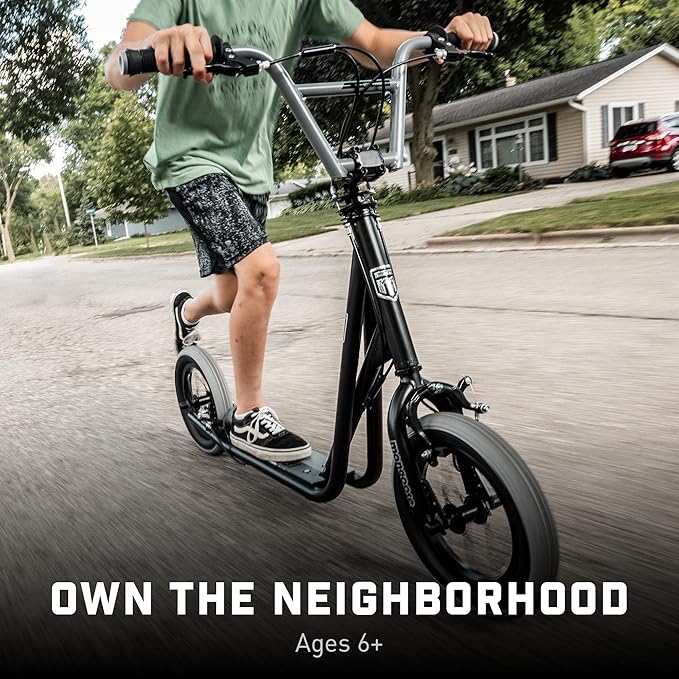 Mongoose Expo Kick Scooter, BMX-Style Handlebar & Brake Cable Rotor, Wide Foot Deck for Kids Youth Boys Girls Ages 6 and Up, Rear Axle Pegs, 12-Inch Air Tires, and Max. Weight of 175 lbs.