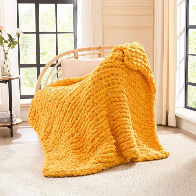 L'AGRATY Chunky Knit Throw Blanket for Couch, 40 x 50 Inches Mustard Yellow | Handmade Chenille Crochet Blanket for Sofa Bed, Thick Cable Knitted Blankets for Room Home Decor, Birthday Gift for Women Mom
