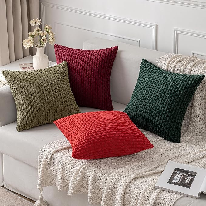 MIULEE Decorative Throw Pillow Covers 16x16 Olive Green Textured Corduroy | Pack of 2 Striped Pillow Covers Modern Farmhouse Coastal Home Decor for Couch Bed Sofa Living Room