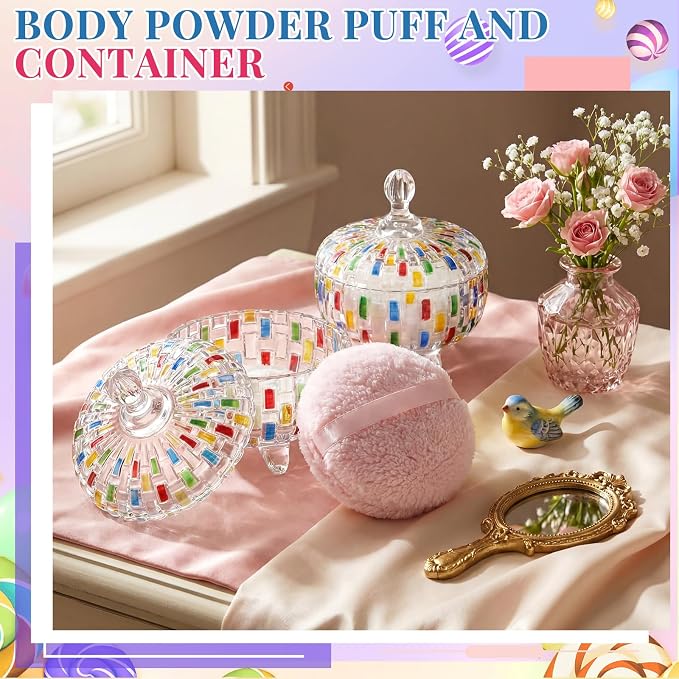 Tioncy 2 Set Extra Large Body Powder Puff and Container, 6'' Washable Vintage Decorative Crystal Powder & Container Gift for Bathroom Counter & Feminine Vanity Decor(Weave Design,Multicolor)