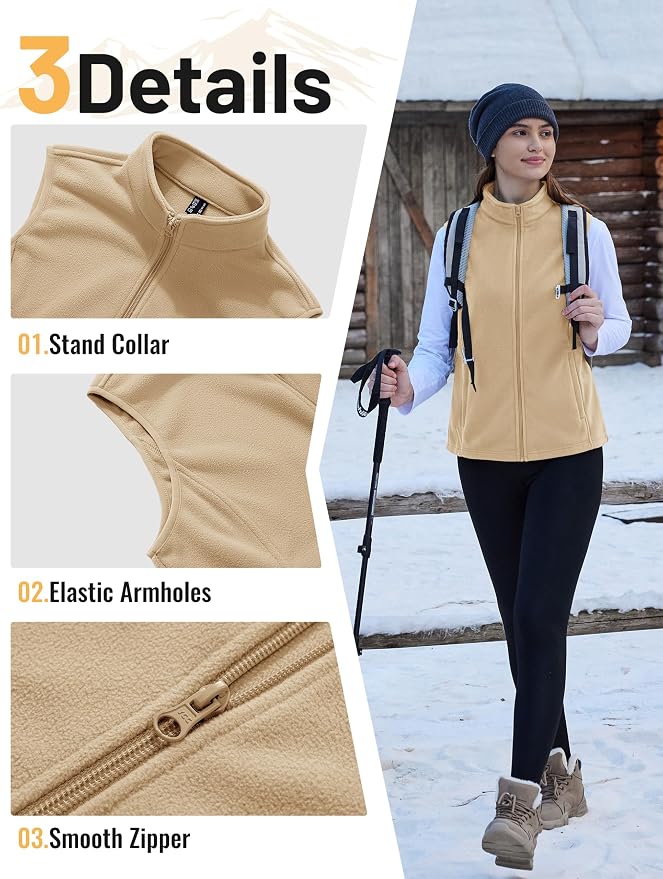 TACVASEN Women's Fleece Vest Lightweight Sleeveless Zip Jacket Outerwear | Soft Polar,Zipper Pockets,Stand Collar,Fall Winter Warm,Outdoor,Athletic,Running,Hiking,Travelling,Golf,Work