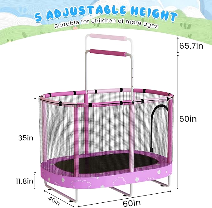LAMERGE 55" 7-in-1 Round Trampoline for Kids Boys & Girls Ages 1-8, Indoor & Outdoor Trampoline for Fun, Adjustable Height Handrail ＆ Enclosed Safety Net ＆ Durable Designs for Toddlers Children