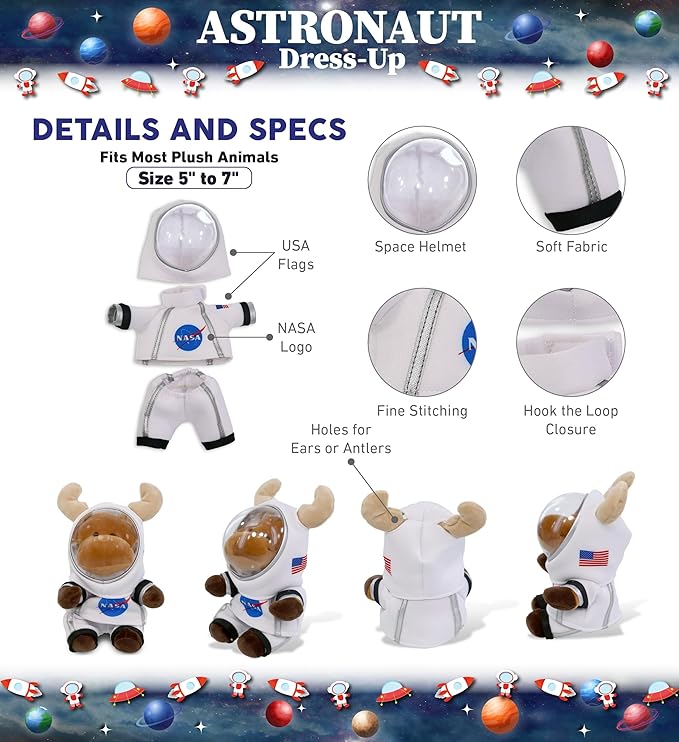 DolliBu Astronaut Dress Up Set for Teddy Bear Plush Toy - Astronaut Stuffed Animal Costume Outfit with Jacket, Helmet with Holes, and Pants, Create NASA Space Toys for Kids with Dress Up Set - Small