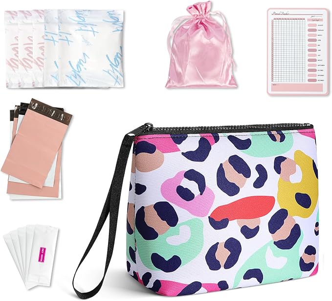 First Period Kit for Girls, Neoprene Cute Sanitary Napkin Storage Bag, Menstrual Pad Bag Tampon Holder for Purse, First Period Gifts for 9-12 (Leopard)