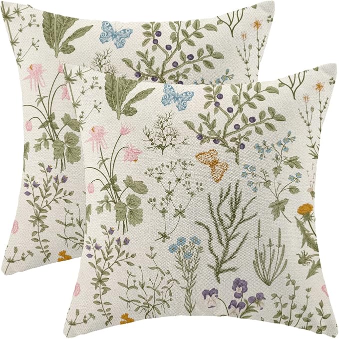 Spring Sage Green Wild Flower Pillow Covers 18x18 Set of 2 | Plant Throw Pillows Case Seasonal Floral Outdoor Decorative Linen Farmhouse Decor Cushion Covers for Home Sofa Bed Couch