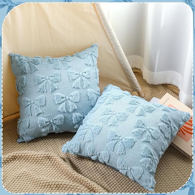 Mixweer Blue Bow Pillow Covers Set of 2 Preppy Room Decor Coquette Cute Spring Summer Decorative Faux Fur Soft Bowknot Stuff Fluffy Plush Aesthetic Pillowcase for Bed Sofa Couch (18 x 18 Inch)