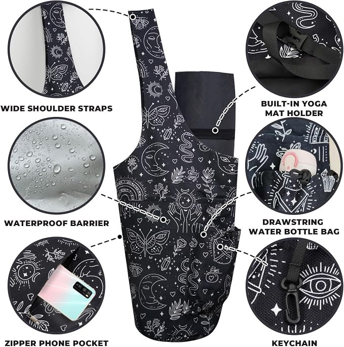 Yoga Mat Bag Carrier for Women Workout Large Waterproof with Zipper Pocket, Keychain and Wide Shoulder Straps