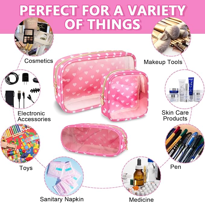 UIXIZQ Clear Small Pencil Pouch Makeup Bag for Purse,Nylon&PVC Pencil Case Waterproof Makeup Brush Holder with Zipper,Preppy Transparent Pen Bag Travel Cosmetic Bag for Women Office(Slim-Pink Heart)