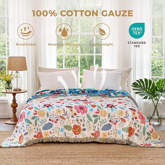 LUTBM Boho Throw Blanket for Couch 50"x60", Cotton Decorative Bed Throws | Reversible Floral Leaves Jacquard, All-Season Lightweight Soft Blankets, For Chair Sofa Bedroom Living Room Decor