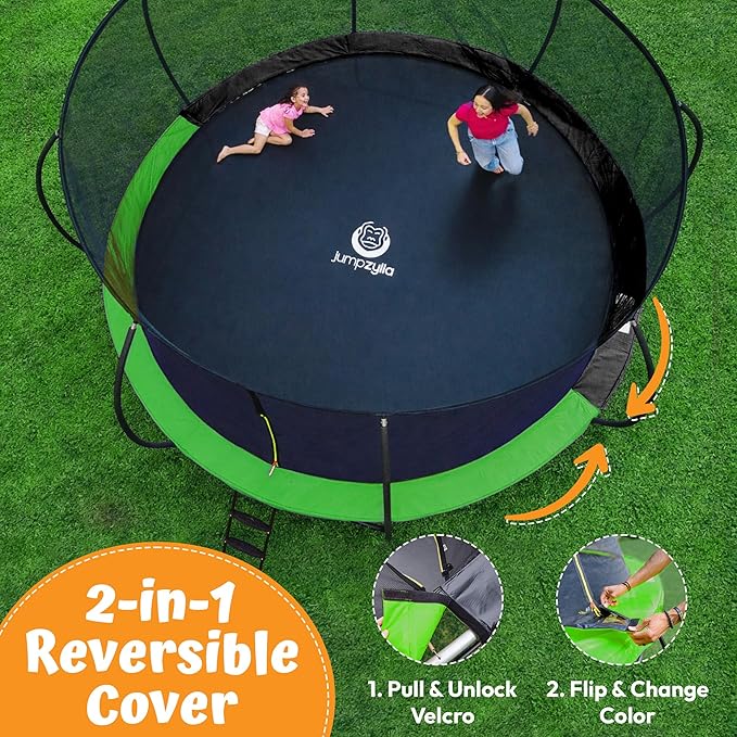 JUMPZYLLA Trampoline Outdoor 8FT 10FT 12FT 14FT 15FT 16FT with Enclosure and Ladder, ASTM Approved Recreational Trampoline for Kids and Adults, Anti-Rust Coated Frame