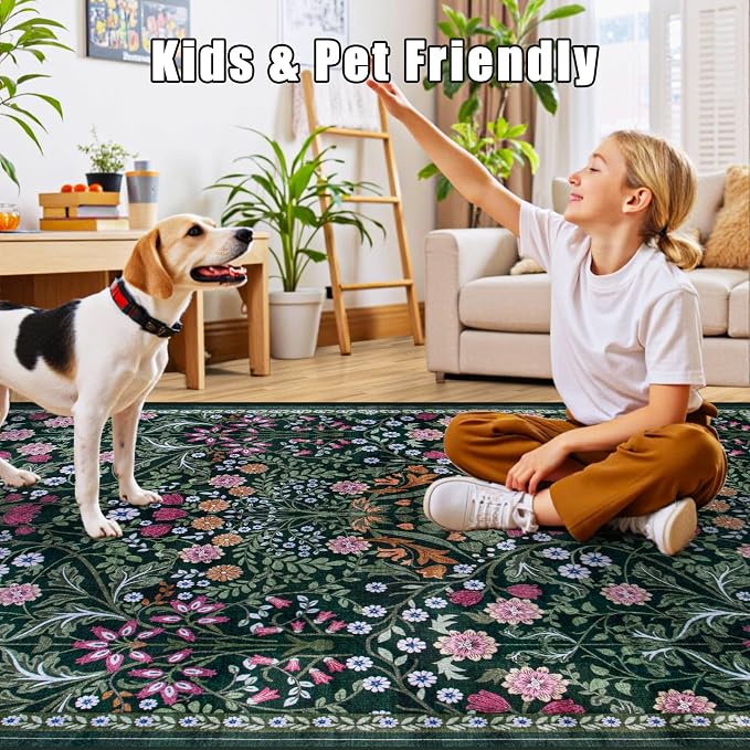 Runner Rug for Entryway: 2.6x14 Kitchen Rugs Non Slip Washable Ultra-Thin Soft Floral Carpet Indoor Floor Stain Resistant Carpets for Hallway Bedroom Kitchen Laundry Bathroom Dorm Dark Green