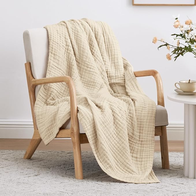 Love's cabin 100% Cotton Muslin Blanket, 6 Layer Lightweight Breathable Gauze Twin Size Blanket 60 x 80 Inches, Soft Summer Blanket for Bed or Couch, Beige