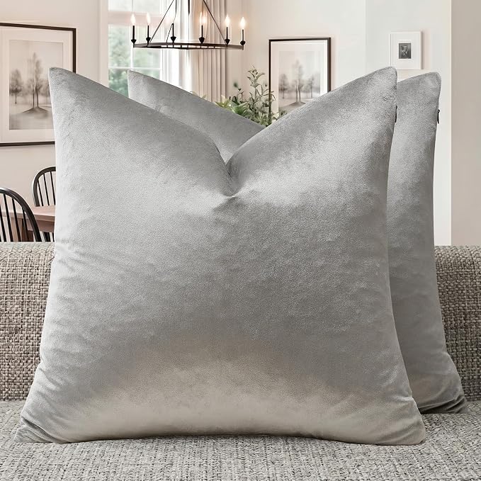 GIGIZAZA Silver Grey Velvet Throw Pillow Covers 16x16 Pack of 2 | Decorative Pillows for Couch Sofa,280gsm Soft Textured Fabric,Modern Square Pillowcases,Luxury Cushion Covers