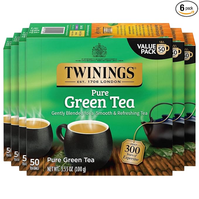 Twinings Pure Green Tea Individually Wrapped Bags, 50 Count (Pack of 6), Smooth Flavour, Enticing Aroma, Caffeinated, Enjoy Hot or Iced, 300 Teabags