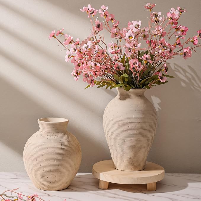 Ceramic Flower Vase Home Decor, 9 in Farmhouse Table Vase Retro Vintage Living Room Kitchen Bedroom Decoration Pottery Decorative Vases for Flowers Shelf Office Coffee Desk Dining Entryway, Rustic