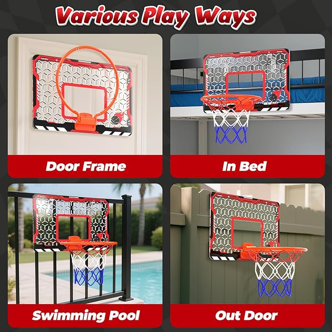 EagleStone Mini Indoor Basketball Hoop with Scoreboard,4 Balls & Pump,Over The Door Bedroom Office Basketball Hoop for 6 7 8 9 10 11 12+ Year Old Kids Boys