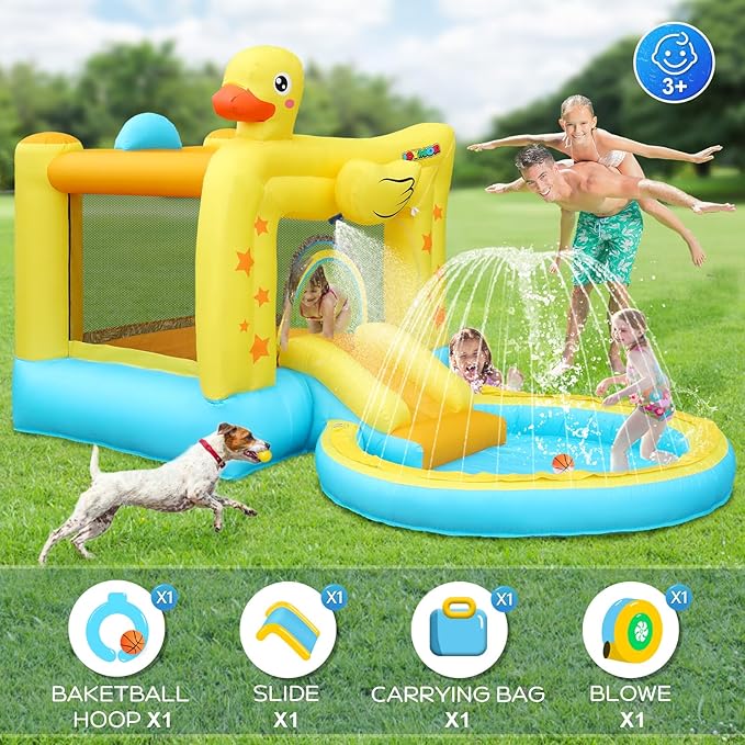 (2026 New) JOYMOR Water Slide Bounce House w/Ball Pit, Slide, Sprinklers, Toddler Bounce House Castle Indoor Outdoor, Inflatable Water Slide for Kids 3-6 (Air Blower, Carrying Bag Included)