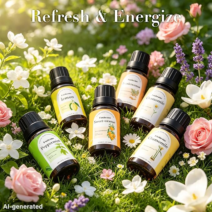 Essential Oils Set for Diffusers, 6-Pack, 10 mL Each, Aromatherapy Oils | Six scents for energy, focus and relaxation: Peppermint, Lemon, Sweet Orange, Chamomile, Magnolia & Ginger Flower