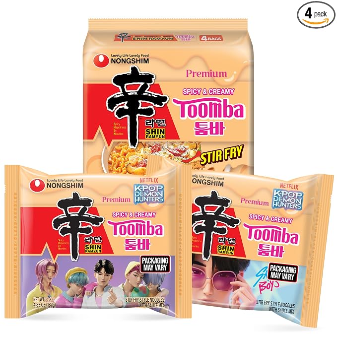 Nongshim Shin Ramyun Toomba Noodles, Creamy Korean Mac and Cheese Style Noodles, Gentle Kick of Spice, Korean Stir Fry Style Instant Noodles, 4.83 oz (Pack of 4), Packaging May Vary.
