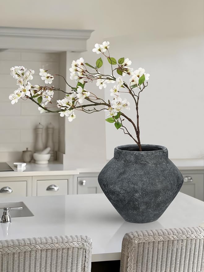 Briful Large Rustic Ceramic Vase with Distressed Finish, 8.2'' Tall Wide-Belly Decorative Flower Vases with Felt Pads, Retro Style Pottery for Home Decor, Table Centerpiece, Black