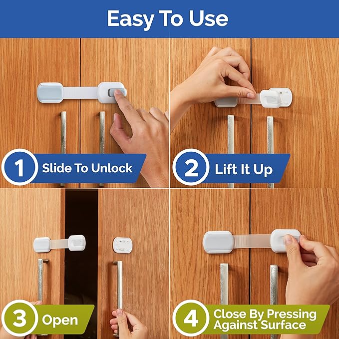 Child Safety Strap Locks (4 Pack) Baby Locks for Cabinets and Drawers, Toilet, Fridge & More. 3M Adhesive Pads. Easy Installation, No Drilling Required, White/Gray
