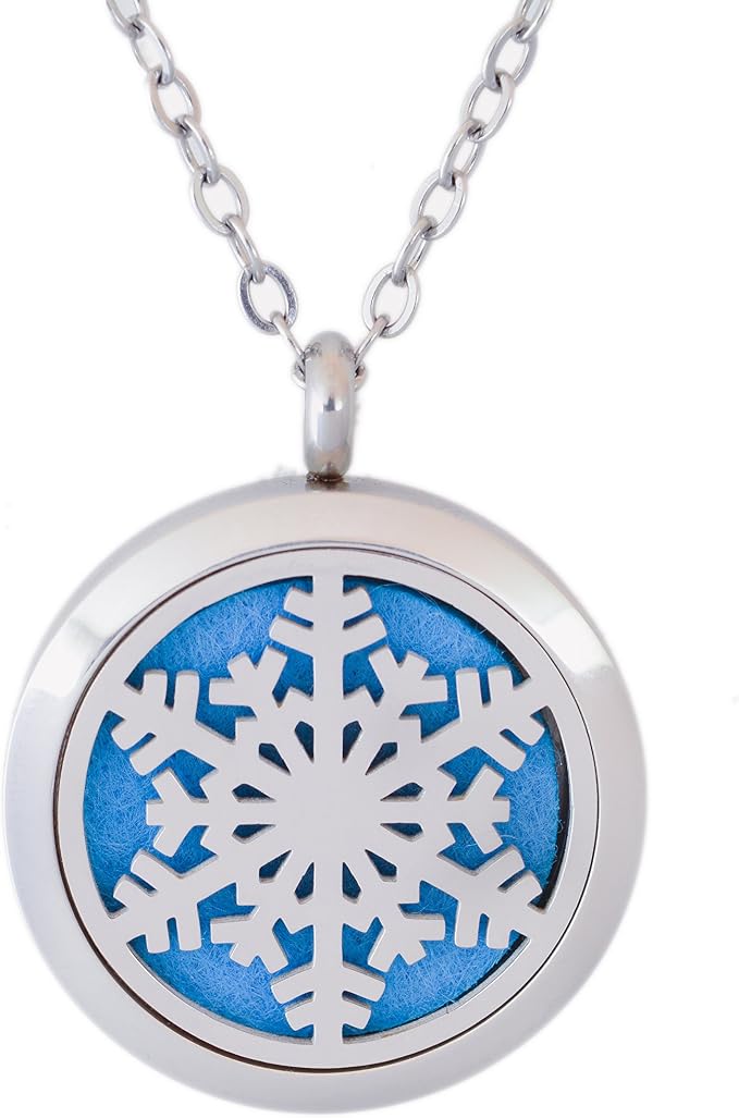 Aromatherapy Essential Oil Diffuser Stainless Steel 30MM Silver Magnetic Locket Pendant with Chain Necklace and Colored Refill Pads & Diffuser Bracelet All in a Velvet Bag (Snowflake3)