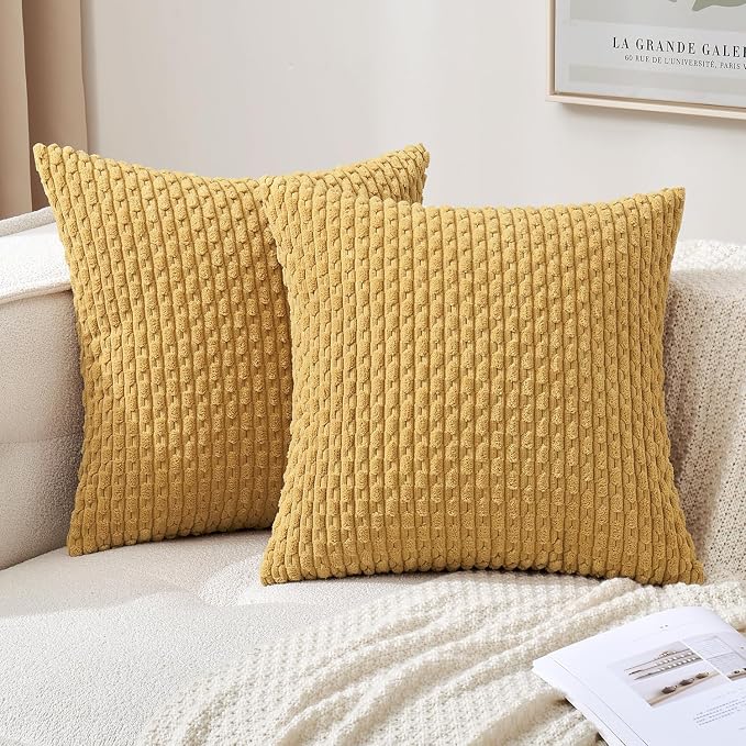 MIULEE Decorative Throw Pillow Covers 18x18 Gold Textured Corduroy | Pack of 2 Striped Pillow Covers Modern Farmhouse Home Decor for Couch Bed Sofa Living Room