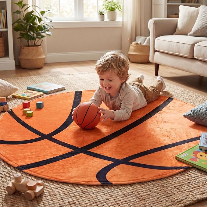 SeaRoomy Sports Balls Blanket, Novelty Funny Basketball Blanket, 60 in | Round Basketball Throw for Adults, Teens & Kids, White Elephant Gag Gifts for Sports Fans, Christmas & Birthday Presents