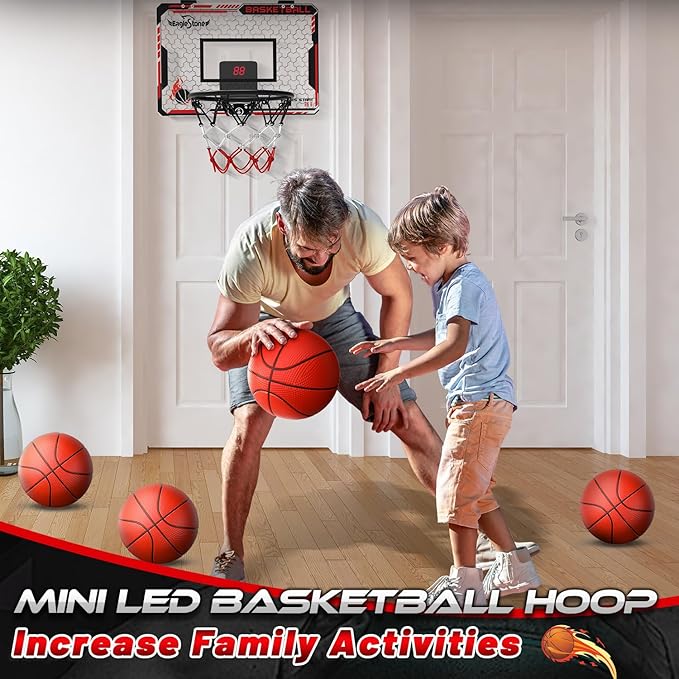 EagleStone Mini Indoor Basketball Hoop with Scoreboard,4 Balls & Pump,Over The Door Bedroom Office Basketball Hoop for 6 7 8 9 10 11 12+ Year Old Kids Boys
