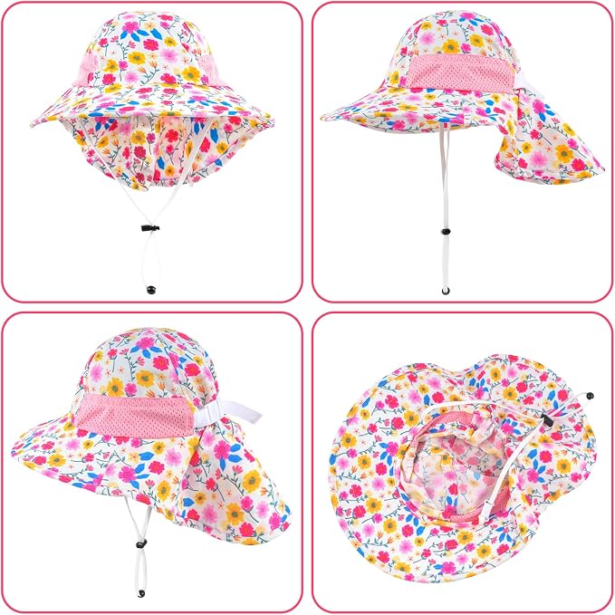 Toddler Baby Sun Hat Kids Summer Beach Essentials Adjustable Beach Hats with Bucket Wide Brim for Boys Girls Age 0-14 Years