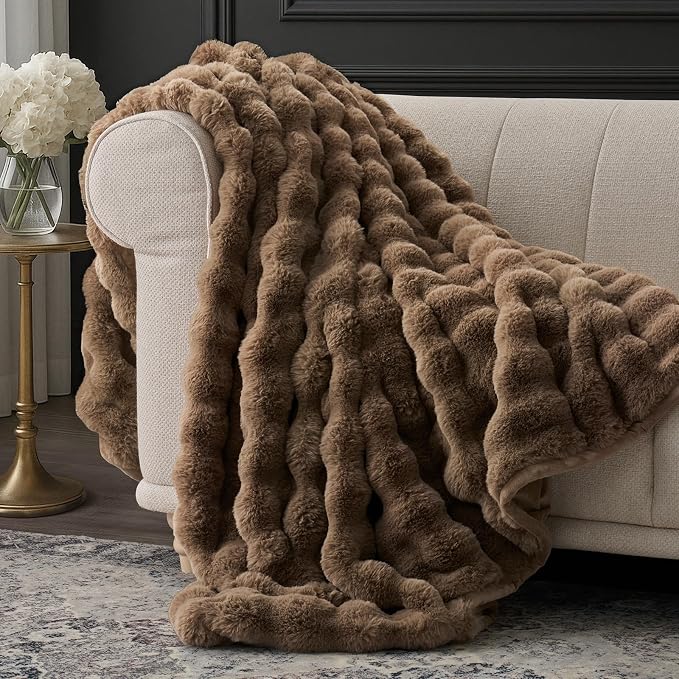 Faux Rabbit Fur Bubble Throw Blanket, 50"x60", Natural Tan | Ultra Soft, Luxury Faux Rabbit Fur Throw, Thick Warm Bubble Blanket, Cozy Fluffy Reversible, for Bed, Couch, Chair, Sofa