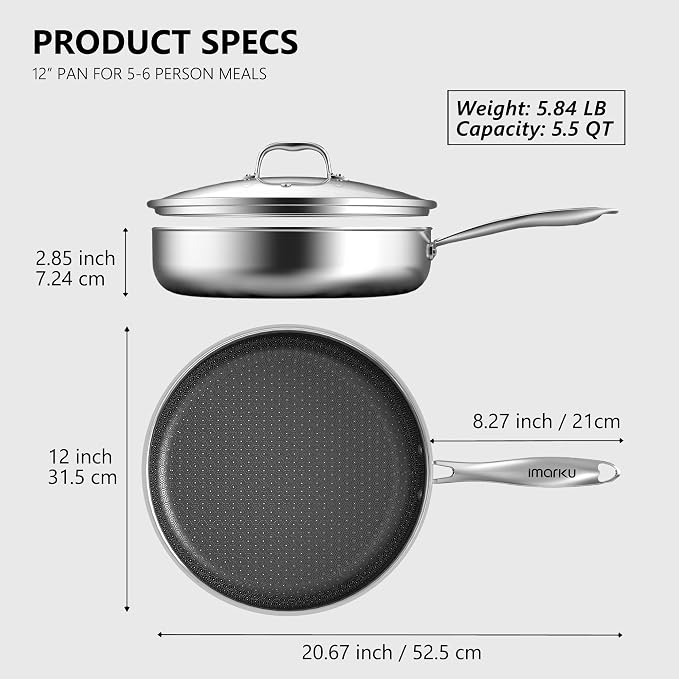 imarku 12-Inch Non Stick Frying Pan with Lid, Ceramic Coating | Stainless Steel Sauté Pan, 5.5 QT Skillet for Family Meals, Oven & Dishwasher Safe, Induction Compatible Cookware, PFOA Free
