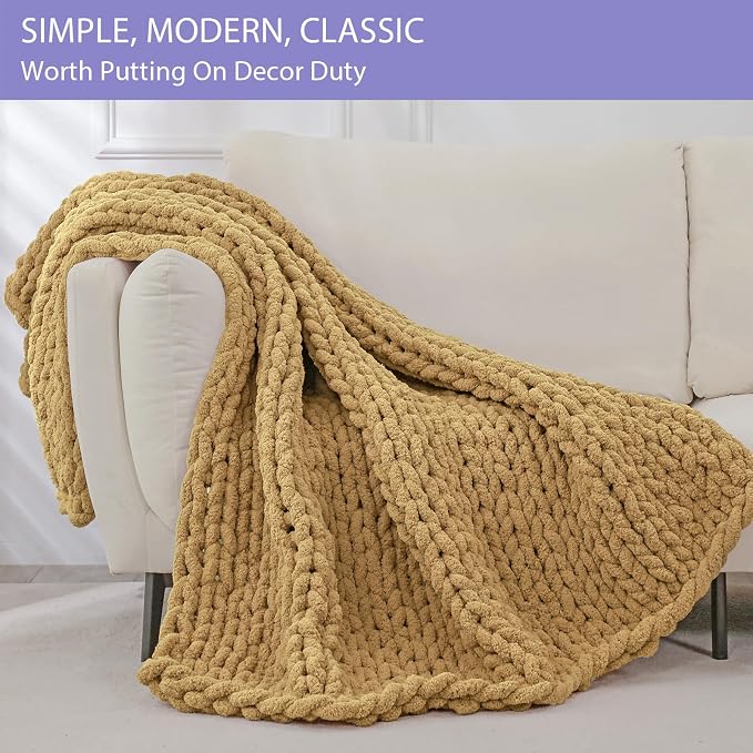Bigacogo Chunky Knit Throw Blanket for Couch, 40x40 inches, Goldenrod | Hand Knit with Jumbo Chenille, Soft Breathable Cable Knit for Sofa Bed Living Room, Machine Washable, Gift for Mom Friend