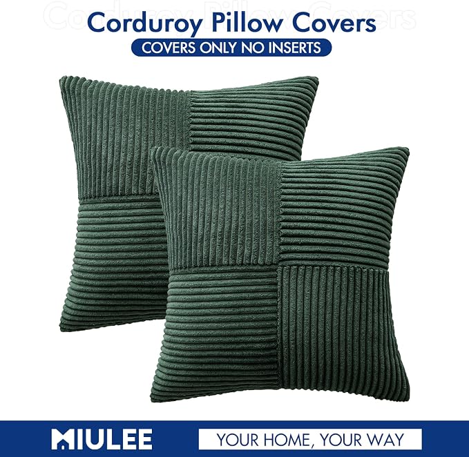 MIULEE Army Green Decorative Throw Pillow Covers for Couch 18x18 Inch | 2 Pack, Boho Farmhouse Pillow Covers, Soft Cross Corduroy Patchwork Textured Cushion Cases For Bed Sofa