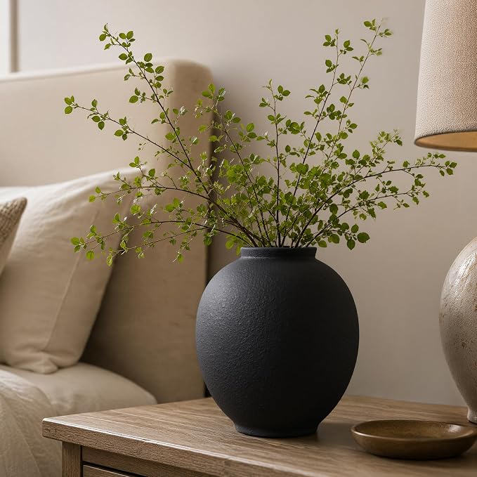 Starttag Large Black Ceramic Vase, 9.8 inch Rustic Farmhouse Flowers Vase for Home Decor, Sandstone Texture Round Pottery Tall Vase Indoor for Table Living Room Decor