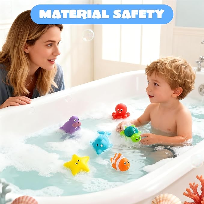 JOYIN 6 Pcs Sea Animal Bath Toys, Sealed & No-Hole & Mold Free Bathtub Toys for Kids, Non-Toxic & Soft Water Vehicles Toys for Boys and Girls, Squeezable & Float on Water, Ideal for Bath & Pool Time