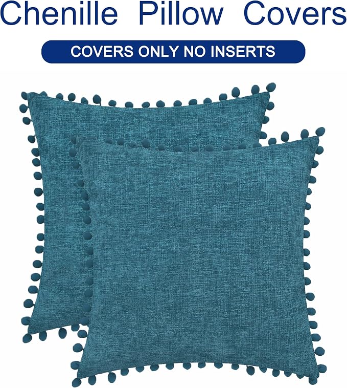 CaliTime Decorative Couch Throw Pillow Covers 22 X 22 Inches Ocean Blue | Pack of 2, Cozy Chenille Cushion Cases, with Pom Poms for Sofa Bed Living Room Farmhouse Home