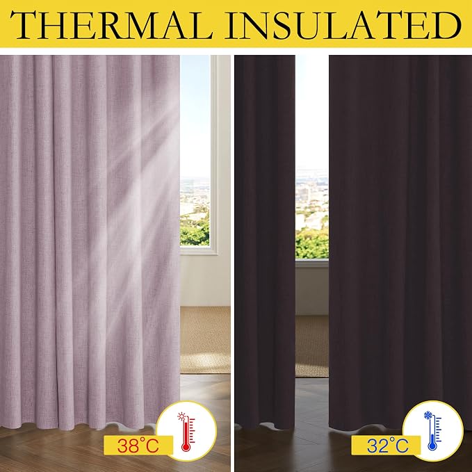NICETOWN 100% Blackout Curtains for Living Room, 52" Wide Per Panel, Set of 2, Muted Lavender Linen Blend Thermal Insulated Curtains 90" Long, Noise Reducing Window Treatment Drapes for Hall Room