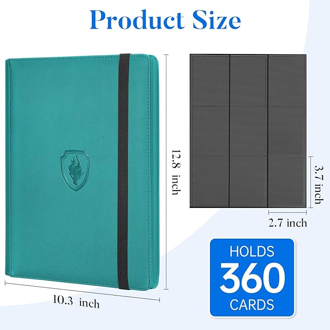 Premium 9 Pocket Card Binder for 360 Cards, Fabmaker PU Cover Trading Card Binder, Sturdy Card Collection Album, Sleek Card Holder Folders for Game Cards & Sports Cards, Turquoise