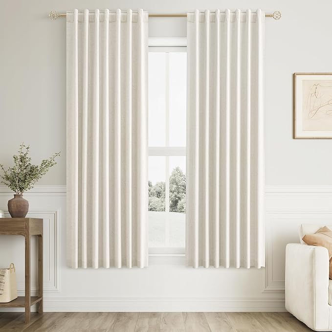 Guken 100% Blackout Linen Curtains for Bedroom 66 Inches Long Natural Cream Black Out Curtain Back Tab Thermal Insulated Room Darkening Window Drapes for Living Room 2 Panels Beige Ivory 52x66