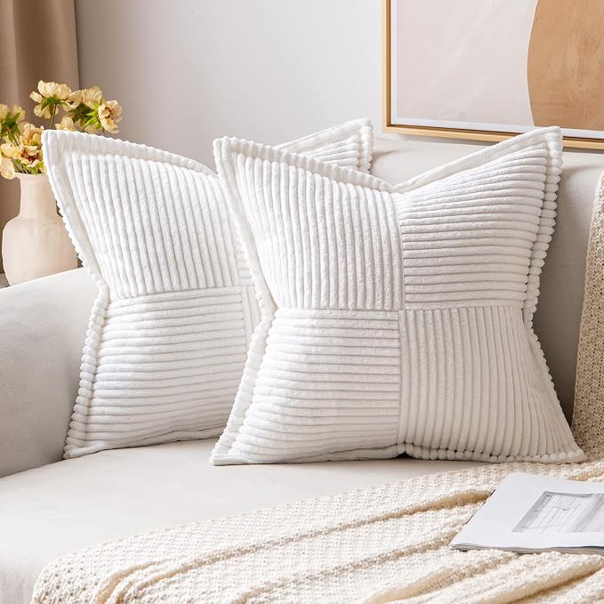 MIULEE Decorative Throw Pillow Covers for Couch 18x18 Inch White 2 Pack | Boho Broadside Striped Patchwork Pillow Covers, Soft Corduroy Cushion Cases, For Sofa Bed Livingroom Home Decor