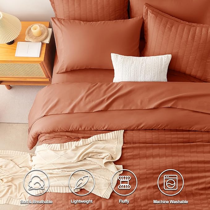 CozyLux Oversized King Comforter Set Burnt Orange Seersucker 7 Pieces 120x98 Bed in a Bag Comforter Set with Sheets, Terracotta Bedding Set with Down Alternative Comforter, Sheets, Pillowcases & Shams