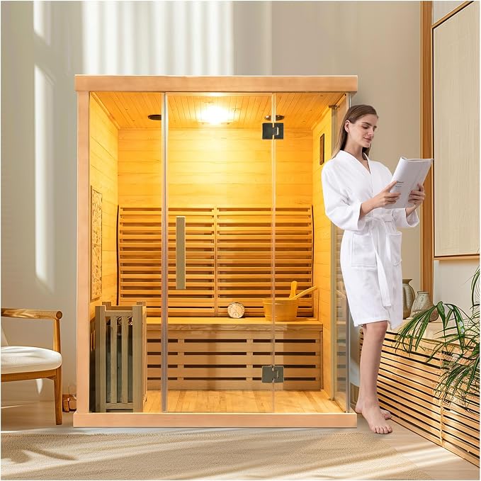 ZONEMEL 3 Person Wooden Steam Sauna Room, Canadian Hemlock Luxurious Indoor Sona House with 6 KW Heater, WiFi Controller, Bluetooth Speaker, Wooden Bucket, Scoop, Reading Light, 220V, 195℉